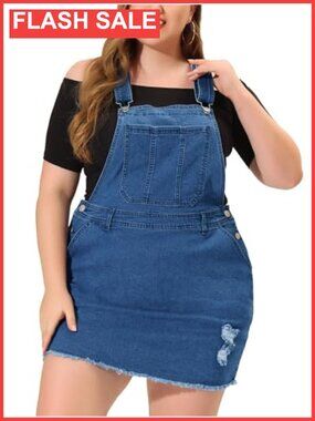 Plus Size Denim Overall Dress Distressed Suspender Skirt Adjustable Strap Casual